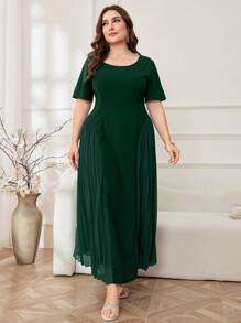 Mulvari Plus Women Solid  Pleated Hem Dress For Summer - Dark Green - View 3