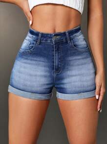 SHEIN Tall Quần short denim ôm vừa vặn viền giản dị mùa hè - Màu xanh lam - Xem 4