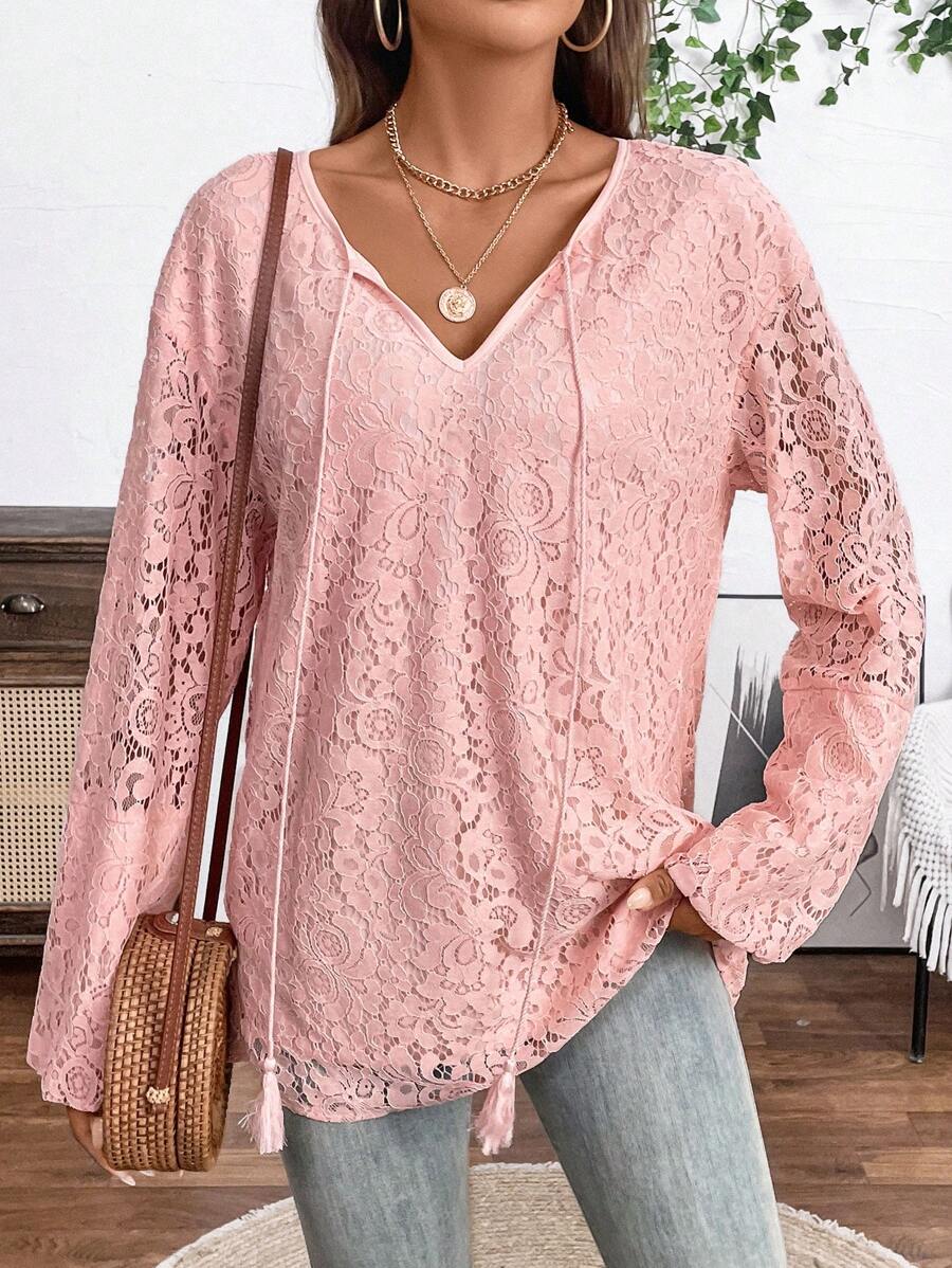 SHEIN LUNE 女士純色休閒日常襯衫，隨機花卉圖案 - 粉色 - 查看 1