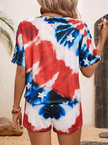 SHEIN LUNE 女式美國日旗幟印花退色短袖短褲套裝，適用於夏季假期，休閒運動穿搭 - 彩色 - 查看 2