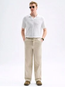 Manfinity NXTstreet Pantalon tissé décontracté pour hommes, mi-taille, coupe droite ajustée, jambe large, convient pour le printemps et l'été, port quotidien - Nude - Voir 4