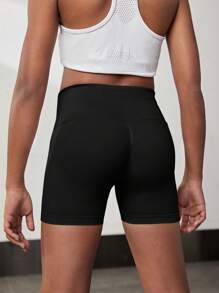 Sparklyn 少女夏季宽腰带骑行短裤，无缝黑色运动瑜伽百搭修身高弹短裤 - 黑色 - 查看 2