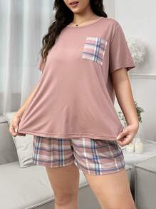 Zestaw piżamowy w kratę, patchwork, z krótkim rękawem i nadrukiem, plus size, szorty, stroje