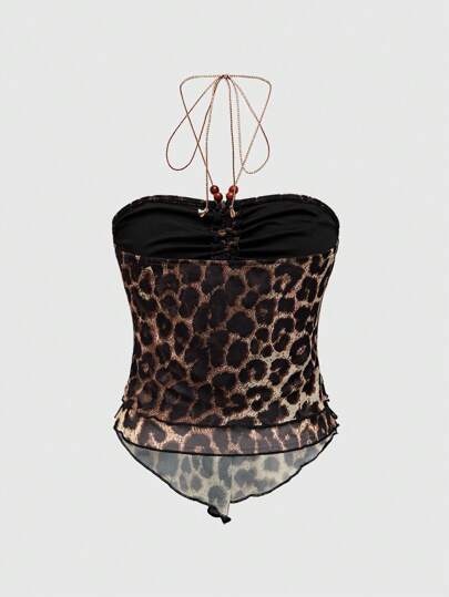 Hippie Camiseta sin espalda con estampado integral, cuello halter, pliegues y bajo asimétrico, de estilo vintage para verano