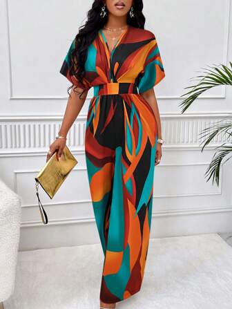 SOLERSUN Random Floral Graphic Printed Batwing Sleeve Belted Jumpsuit For New Year Clothes