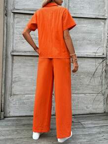 SHEIN LUNE Conjunto de camisa naranja de manga corta y pantalón largo casual y elegante para verano adecuado para viajes - Naranja Quemada - Ver 2