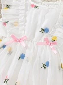 SHEIN Baby Girl Summer Contrast Mesh Floral Bodysuit With Ruffle Trim - White - View 4