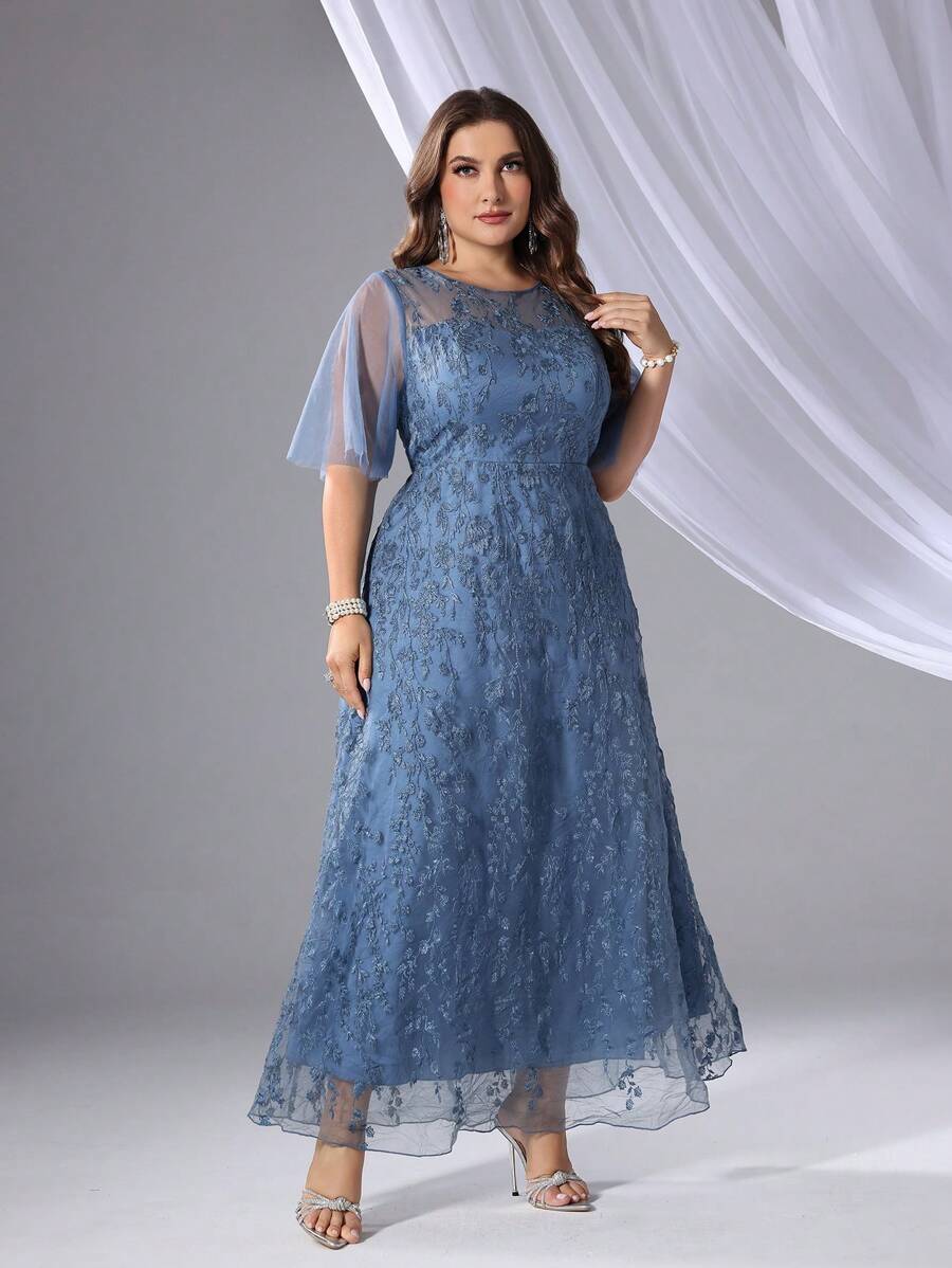 SHEIN Belle Plus Size Nữ Tương Phản Lưới Tay Bướm Phối Ren Váy Dâu - Màu xanh bụi bặm - Xem 1