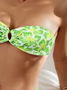 SHEIN Swim 女性夏季沙灘熱帶植物印花無肩帶性感比基尼套裝（隨機印花） - 綠色 - 查看 4