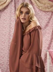 COSMINA Women's Summer Boho Style Reddish Brown Loose Flowy Sleeves Elastic Waist Peplum Off-Shoulder Top - Redwood - View 5