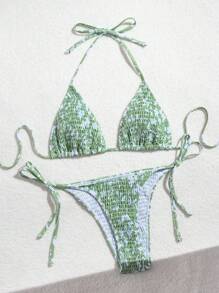 SHEIN Swim Bộ Bikini Đi Biển Mùa Hè Ditsy Họa Tiết Hoa Dây Buộc Cổ Bộ Bikini Gợi Cảm - Nhiều màu - Xem 3