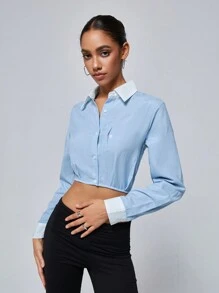 Femmeiva Versatile Commuting Fashion Scholar Style Color Block Collar False Pocket Decor Long Sleeve Pleated Hem Women Shirt Fall Cloth For Women - Blue - View 3