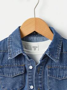 SHEIN 男童 2 件套休闲舒适柔软蓝色牛仔衬衫和蓝色牛仔短裤套装，适合春夏季男童服装 - 深色水洗藍 - 查看 3