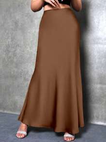 Glamine Women's Satin Floor-Length Mermaid Skirt, Versatile Daily Wear Brown Skirt - Rust Brown - View 4