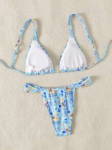 SHEIN Swim Women's Summer Beach Sexy Fruit Printed Bikini Set With Separated Top And Bottom - Blue - View 2