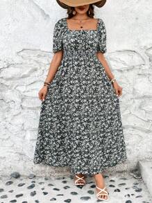 SHEIN VCAY Plus Size Vacation Style Long Floral Dress With Bubble Sleeves And Cinched Waist - Black - View 5