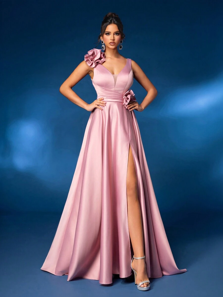 Glamrae Elegant And Gorgeous Pink Textured Satin Gathered V-Neck 3D Floral Decoration Design High Slit Oversized A-Line Dress Dress Suitable For Wedding Events Bachelor Party Graduation Quarter Holiday Prom Formal Occasion Evening Dress Wedding Guest Gown, For Dinner