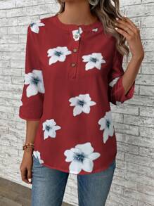EMERY ROSE Women's Casual Shirt With Random Print, Simple Style - Burgundy - View 1