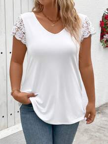 EMERY ROSE Camiseta de mujer de talla grande de unicolor con mangas de encaje y cuello en V