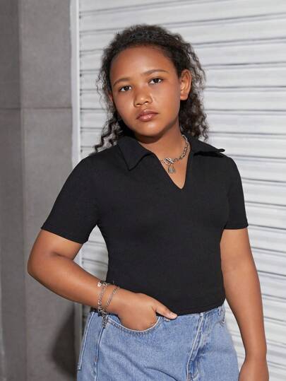 SHEIN Tween Girls Casual Pikétröja i utökad storlek, enkel och bekväm, uppsättning med flera kortärmade T-shirts