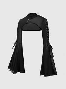 ROMWE Goth Blusa de malla para mujer con cordón en la cintura y mangas acampanadas con agujeros para mirar - Negro - Ver 4