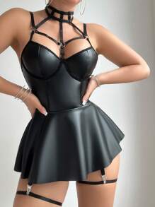 SHEIN Punk Style Scarf, Garter Leg Ring, Sexy Ruffle Skirt 3pcs Set - Black - View 3