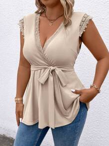 SHEIN Clasi Plus Size Women's Summer Solid Color Contrast Lace Cap Sleeve Elegant T-Shirt With Ruffle Hem