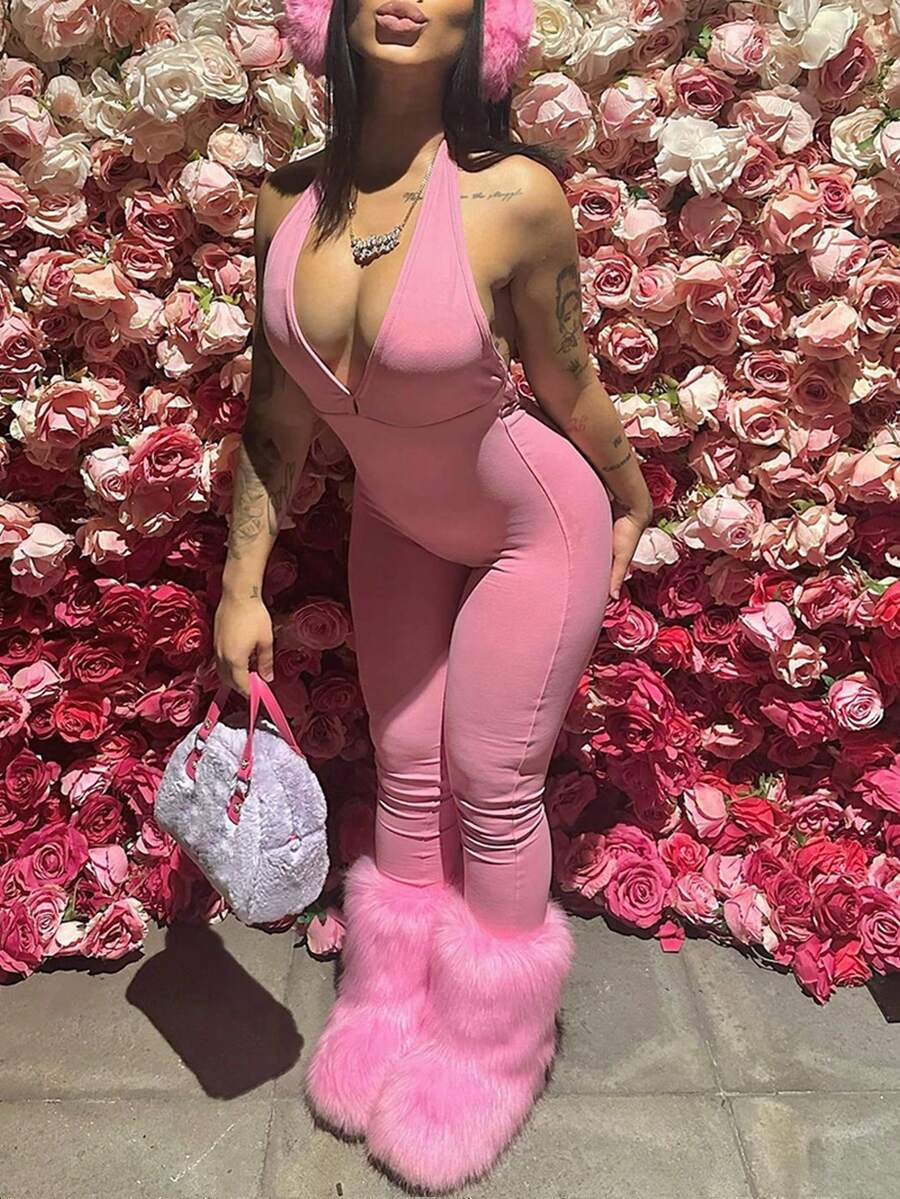 Women's Cute Y2K Backless Halter Neck Ruched Jumpsuit Elegant Pink Summer - Pink - View 1