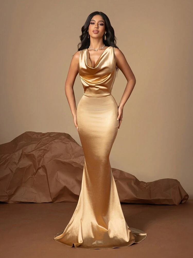 1 pieza Vestido ajustado elegante de unicolor con espalda descubierta y cremallera lateral, adecuado para fiesta de San Valentín - Dorado - Añade 6