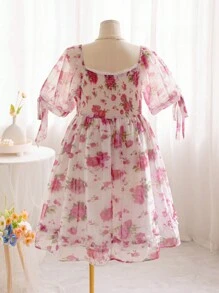 Soleia Vacation Romantic Pink Floral Puff Sleeve Plus Size Dress