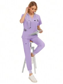 Ensemble de jogging pour femmes infirmière/doctor, uniformes de travail de blouse et de pantalon de chirurgie pour salle d'opération, vêtements de travail pour blouses de chirurgie d'hôpital - Prune - Voir 3