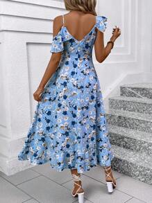 EMERY ROSE 节日花卉印花露肩荷叶边裹身下摆中长款太阳裙女装 - 藍色 - 查看 2