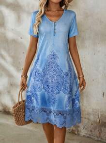 EMERY ROSE Women's Vintage Print & Contrast Lace Holiday Casual Dress Going Out Dress Blue Dress