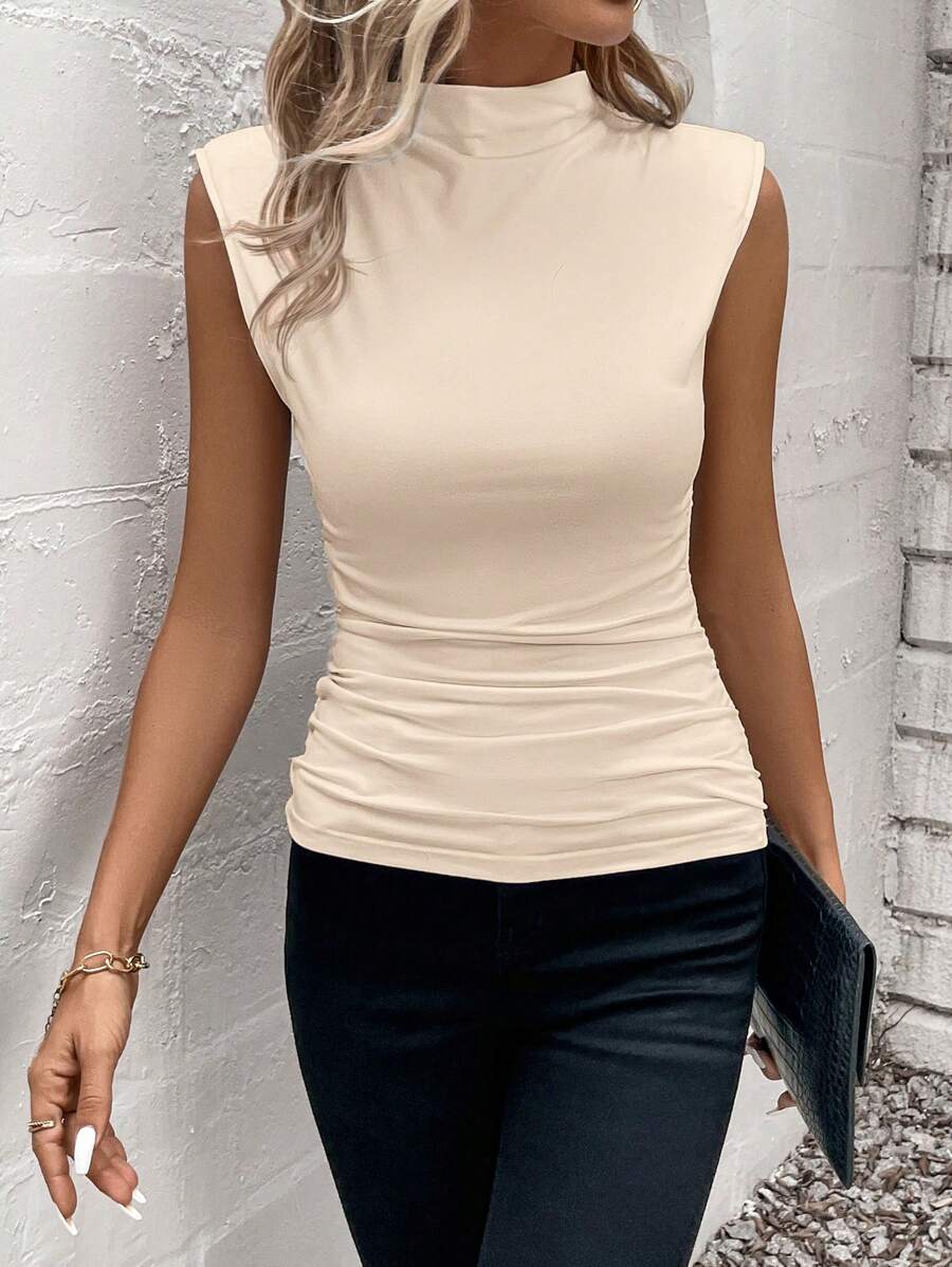 SHEIN Clasi 大尺寸褶皺修身立領背心，演唱會女性服裝 - 杏色 - 查看 1