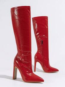 Botas con punta puntiaguda y tacón ancho para mujer, botas rojas con estampado animal para bailar, bodas, Día de San Valentín, botas elásticas sexys para otoño/invierno Día de los Enamorados