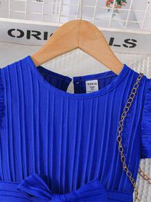 SHEIN Elladie kids 年轻女孩舒适休闲荷叶边下摆连衣裙，配配饰腰带，夏季皇家蓝色连衣裙，适合年轻女孩 - 寶藍色 - 查看 5