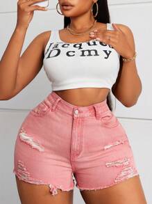 SHEIN SXY Plus Size Women's Pink High-Stretch Denim Distressed Shorts - Watermelon Pink - View 1