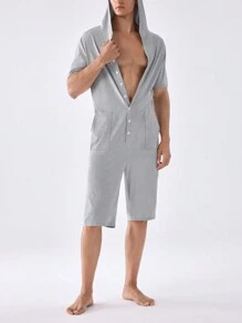 Men's Solid Color Hooded Short Sleeve Romper With Front Button & Pocket For Summer Home Wear - Light Grey - View 3