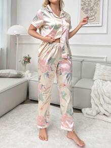 花卉印花仿丝短袖衬衫和长裤睡衣套装 - 彩色 - 查看 5