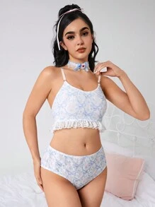 ROMWE Kawaii Vintage Sweet Butterfly & Floral Pattern Lady Lingerie Set With Court Style - Multicolor - View 6