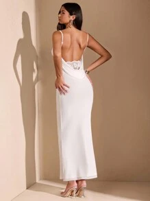 SHEIN BAE 白色畢業季夏季禮服＆蕾絲細肩帶無背心長裙，中空蕾絲邊緣設計，適用於性感女性