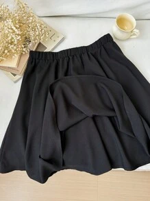 SHEIN Tween Girl 加大码通勤休闲春夏编织纯色裙子 - 黑色 - 查看 4