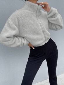 Chiquease Drop Shoulder Zip Up Teddy Jacket Fall Winter Cloth For Women - Grey - View 3