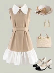 少女拼接彼得潘領無袖休閒工作連身裙，配有假珍珠裝飾，返校服裝 - 彩色 - 查看 1