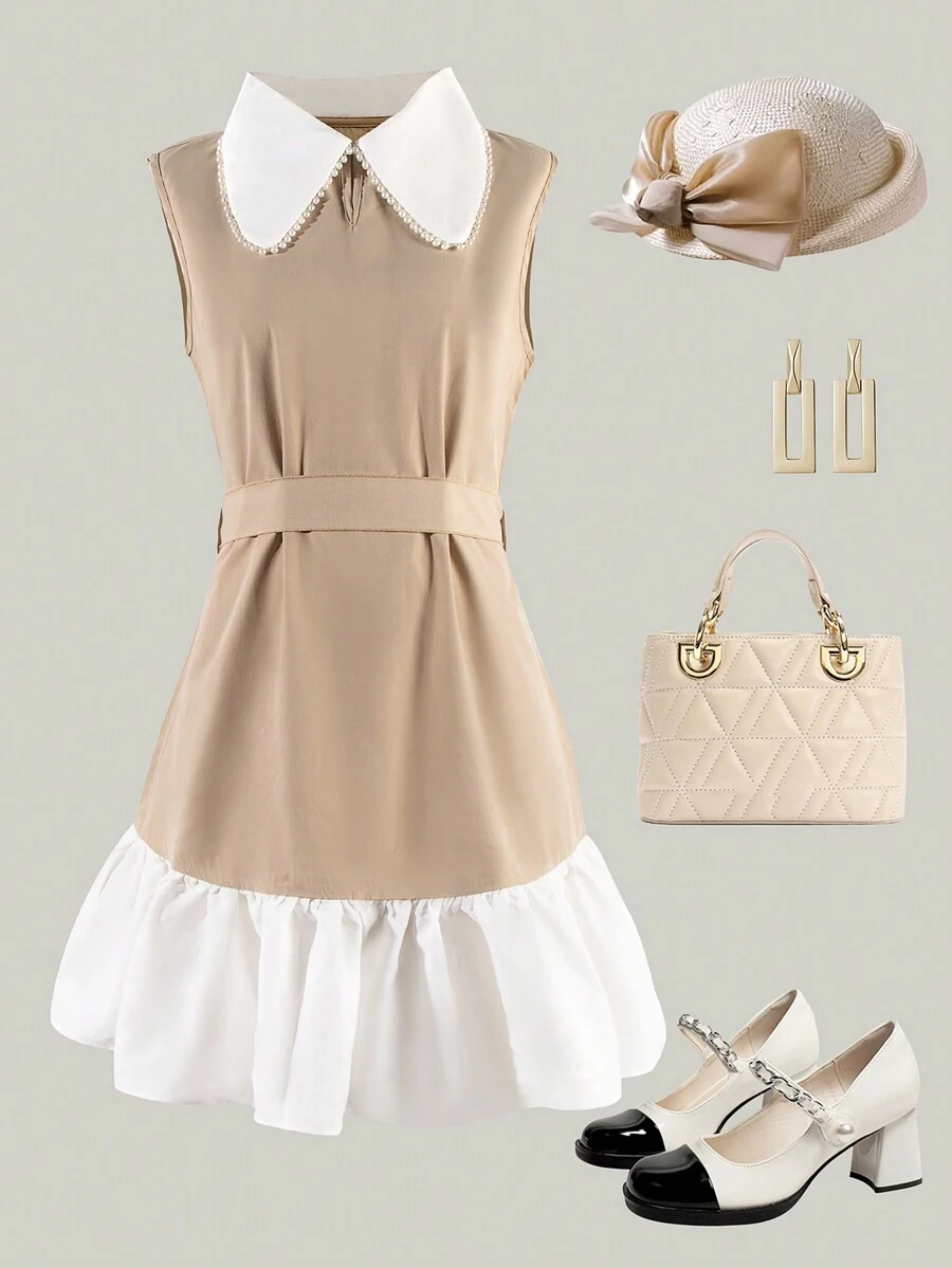 少女拼接彼得潘領無袖休閒工作連身裙，配有假珍珠裝飾，返校服裝 - 彩色 - 查看 1