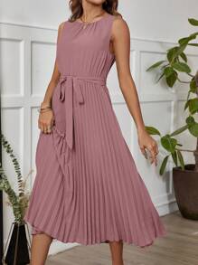 Ellevyn Women'S Solid Color Sleeveless Green Dress With Pleated Hem,Pastel Dresses For Women - Dusty Pink - View 3