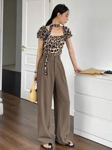 DAZY 休闲商务风格纯色宽松阔腿裤，带口袋，女士正装裤，秋季返校服 - 咖啡棕 - 查看 6