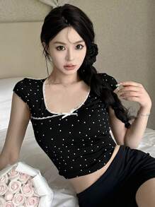 DAZY Áo thun ngắn tay chấm bi mùa hè dành cho nữ có trang trí nơ - màu đen - Xem 6
