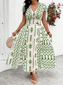 Breezaya Plus Size V-Neck Printed Casual Dress For Vacation With Side Slits