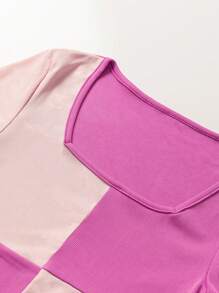 INAWLY 女士夏季短袖彩色拼接甜心領短款上衣T恤